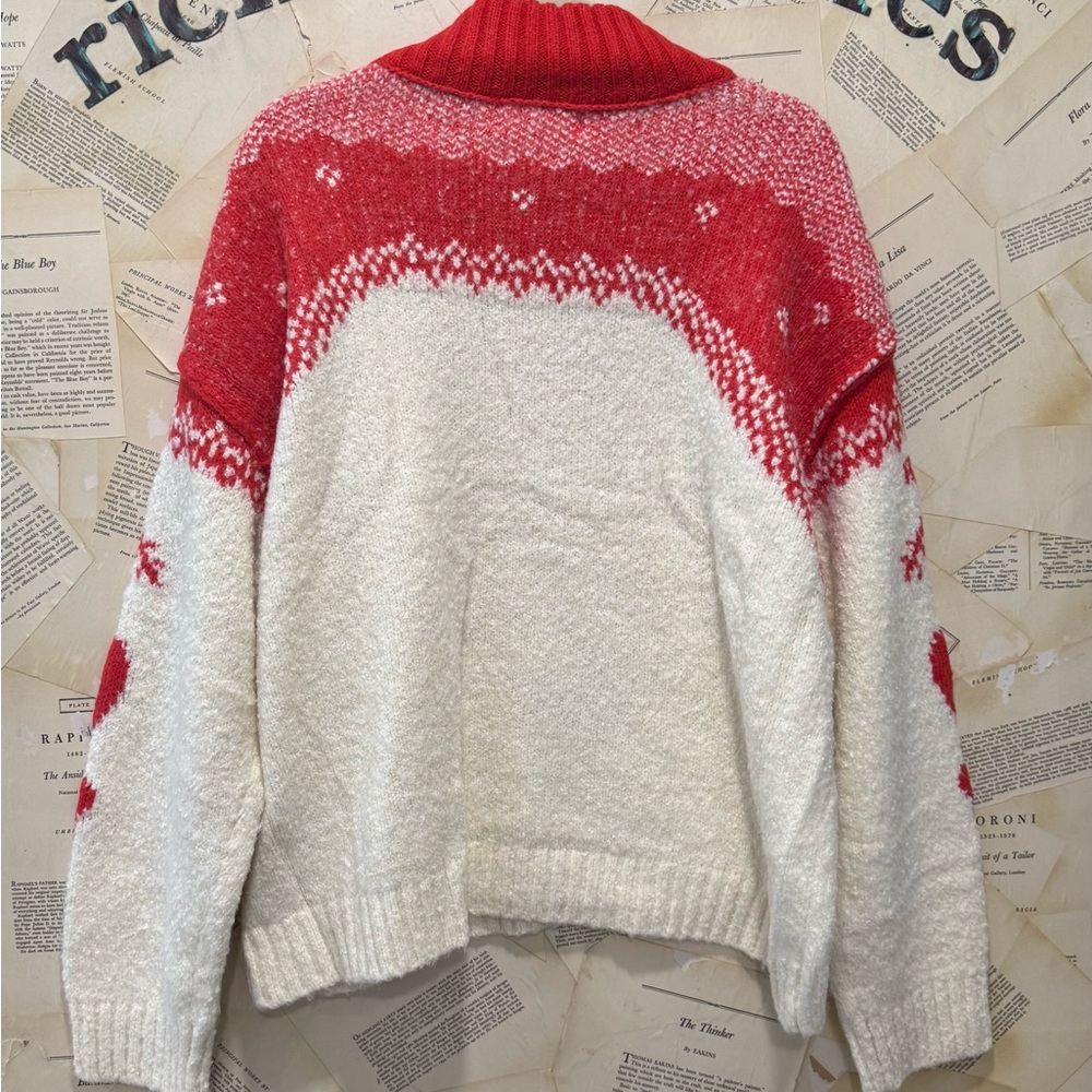 Free People Mythical Knit Sweater Printed Hearts Mix Rib Trim Zip Vanilla Red - Picture 7 of 7